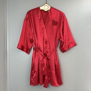 Kathy Ireland Intimates Womens Red Satin Robe M Sheer Heart Lingerie Valentines
